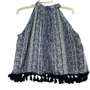 Paper Crane Top‎ Womens Medium  Navy Blue White Print Sleeveless Fringe Blouse